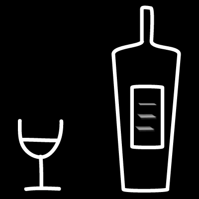 Etichetta vino con bicchiere e bottiglia di vino stilizzate