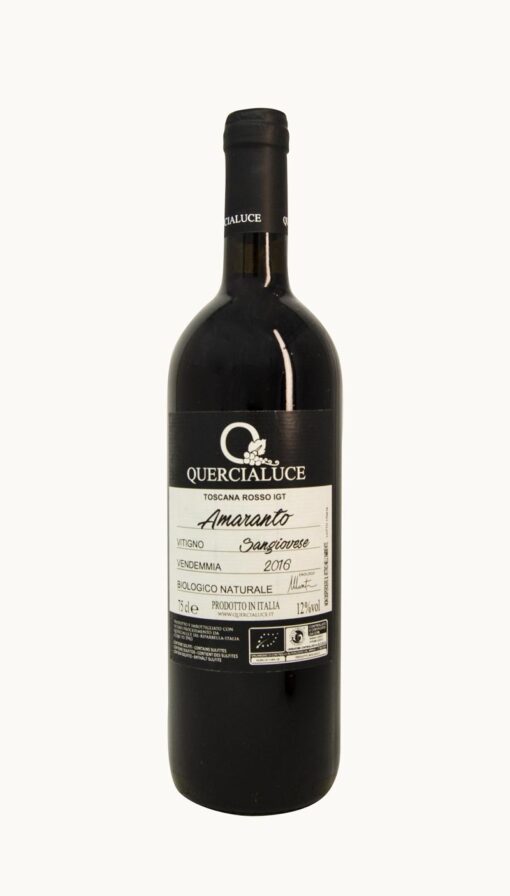 Una bottiglia di Amaranto 2016 da uve Sangiovese dell'azienda vitivinicola Quercialuce
